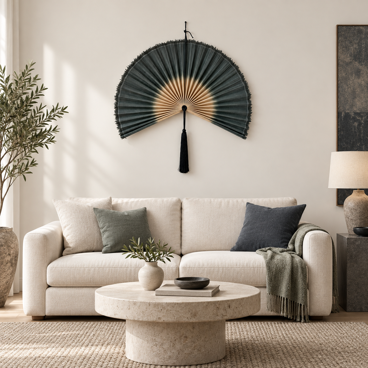 Charcoal Blue woven wall fan as a decorative wall accent