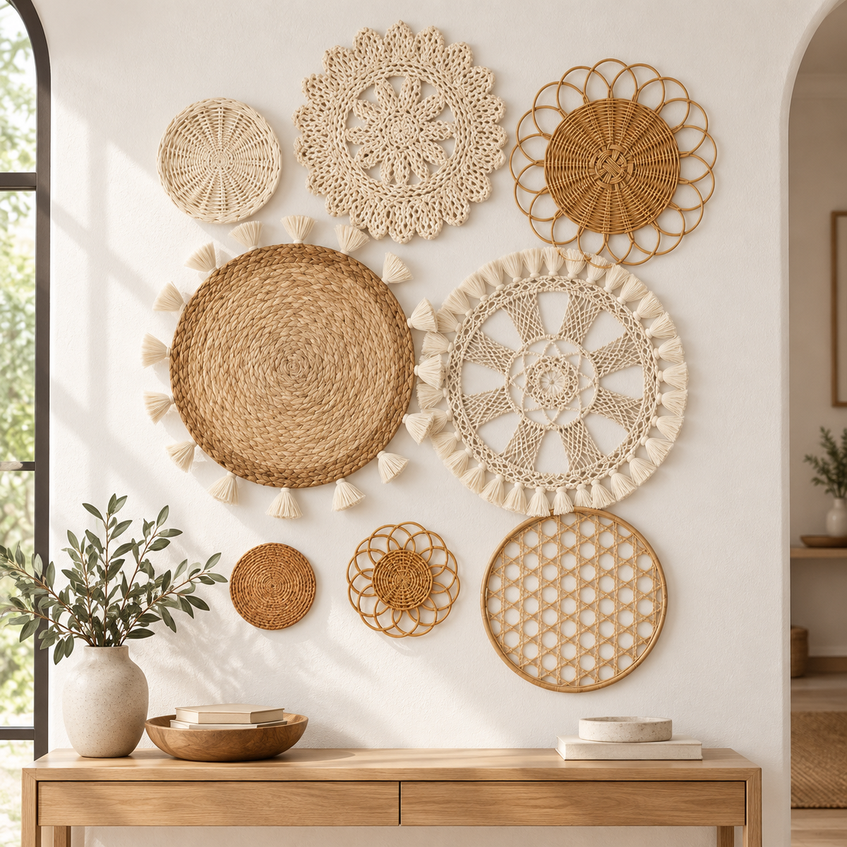 Crochet floral and rattan basket wall art in an entryway