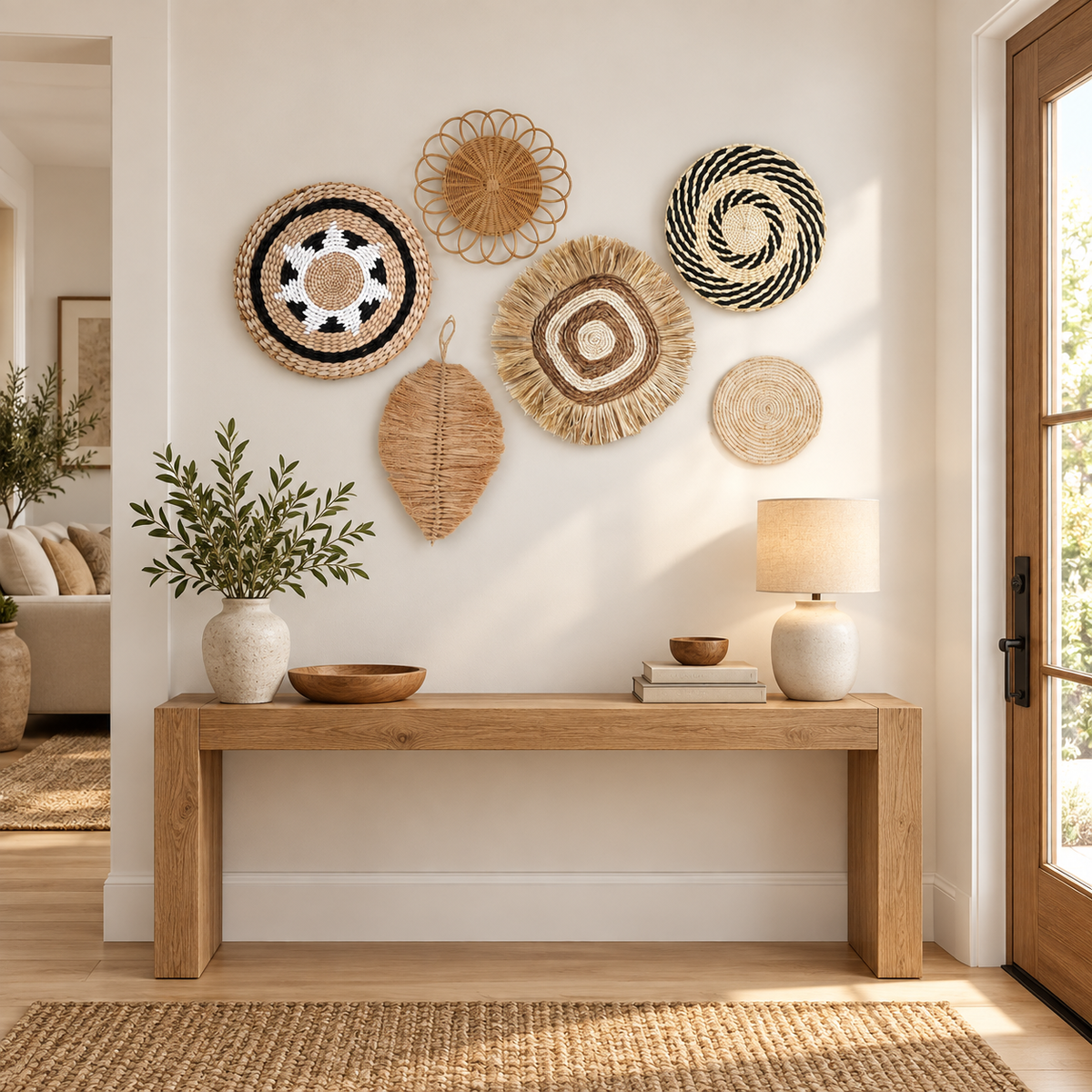 Geometric woven basket and leaf wall art in an entryway