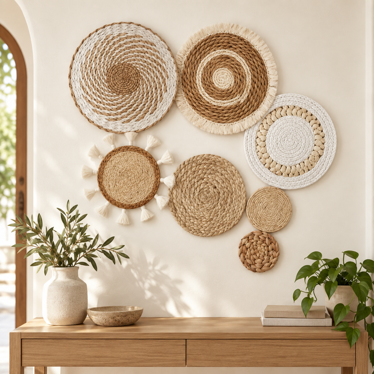 Natural ivory and brown woven basket wall art in an entryway