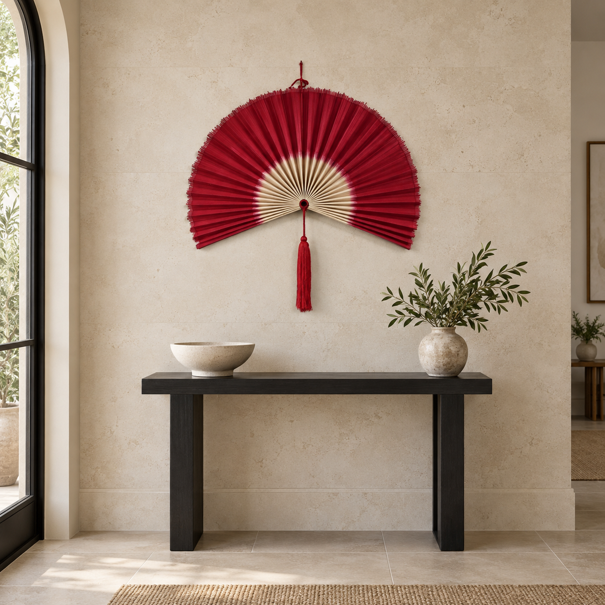 Red & Natural woven wall fan as a decorative wall accent
