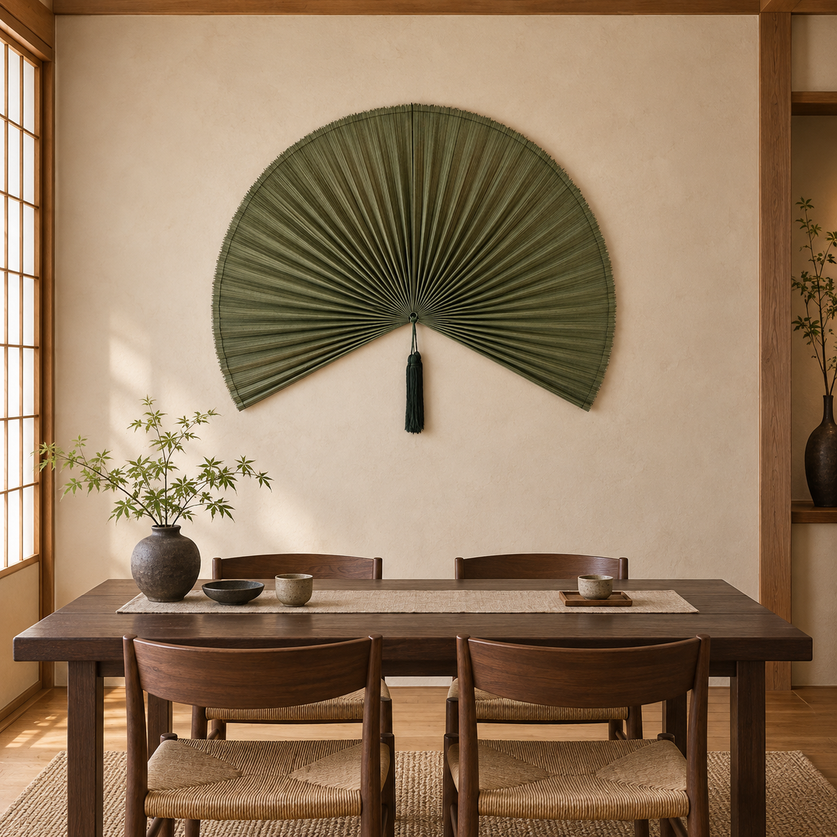 Dark Olive Green woven wall fan as a decorative wall accent