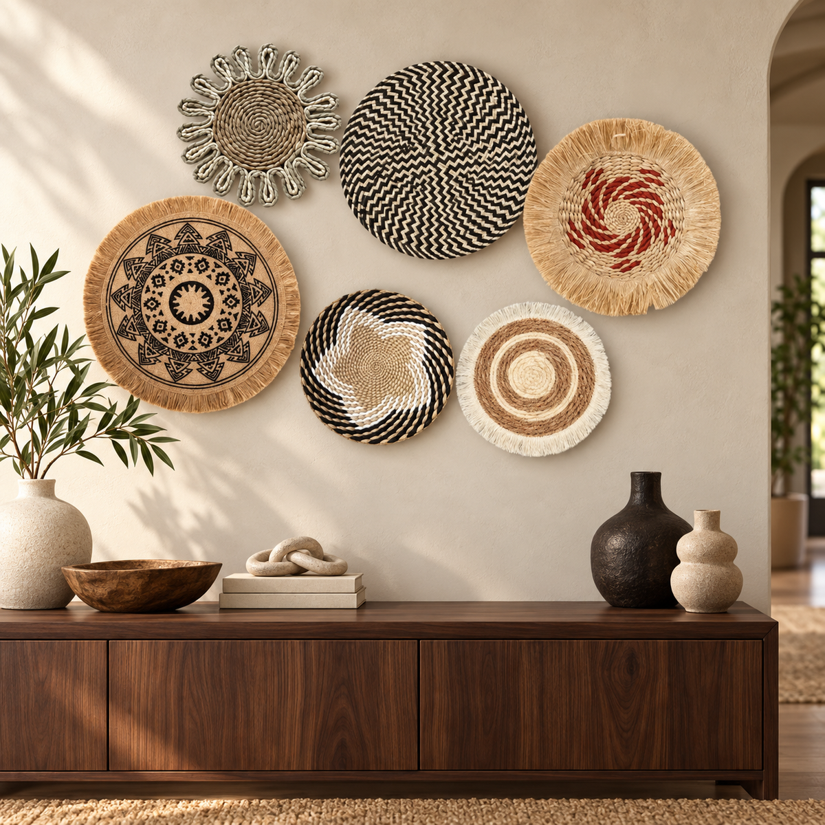 Tribal-inspired woven basket wall art displayed in an entryway