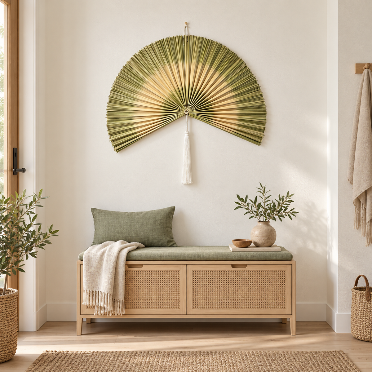 Light Olive Striped woven wall fan as a decorative wall accent