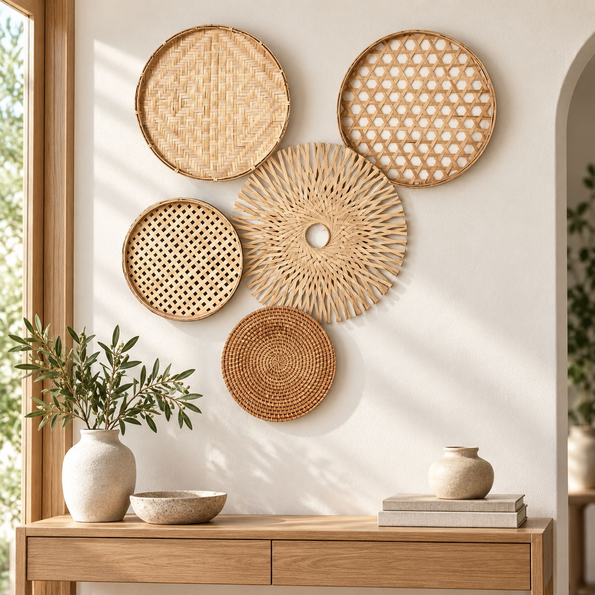 Natural bamboo and rattan basket wall art displayed in an entryway