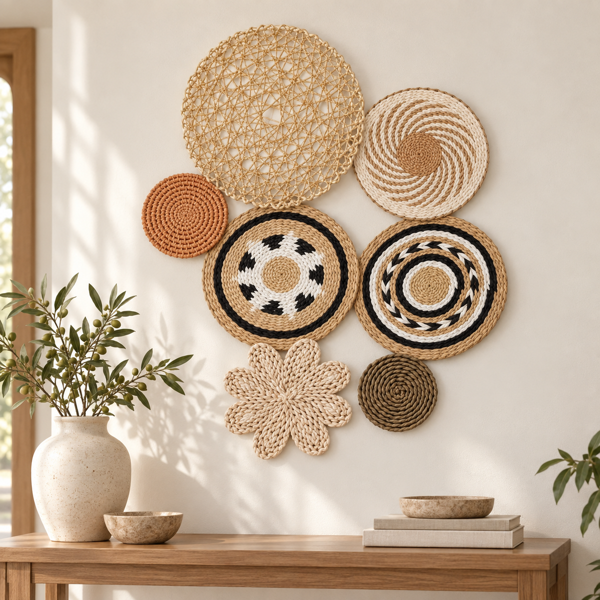 Boho geometric woven basket wall art displayed in an entryway