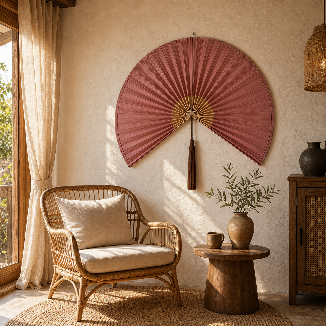 Warm Pink Handwoven Bamboo Wall Fan with Brown Tassels - 75" × 150 cm