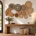 Black mandala woven basket wall art in an entryway