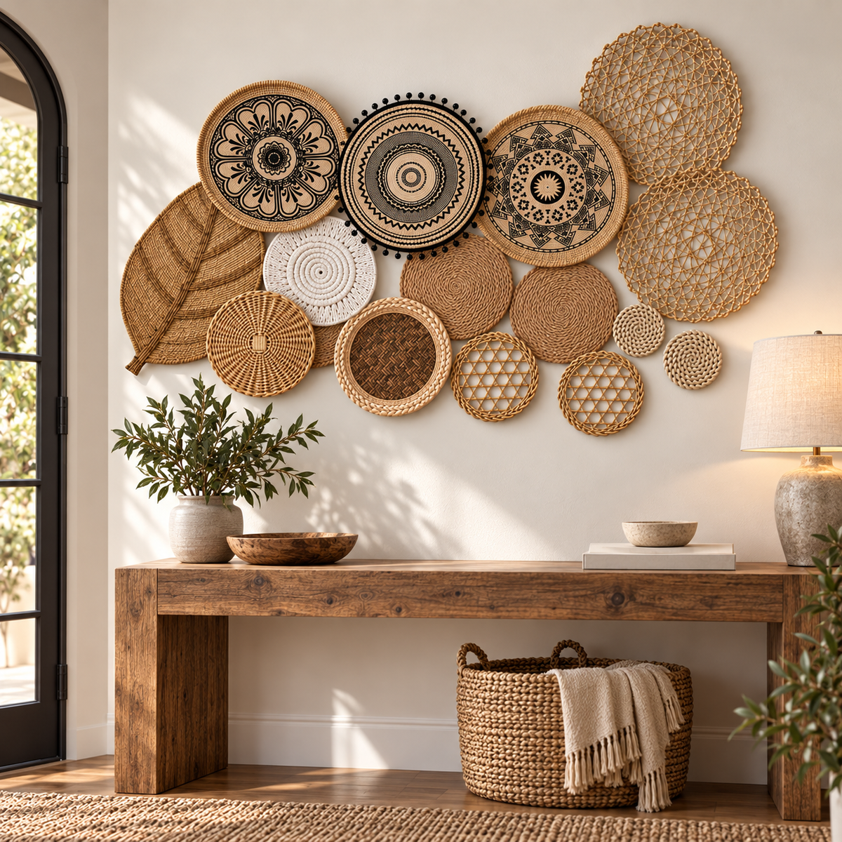 Black mandala woven basket wall art in an entryway