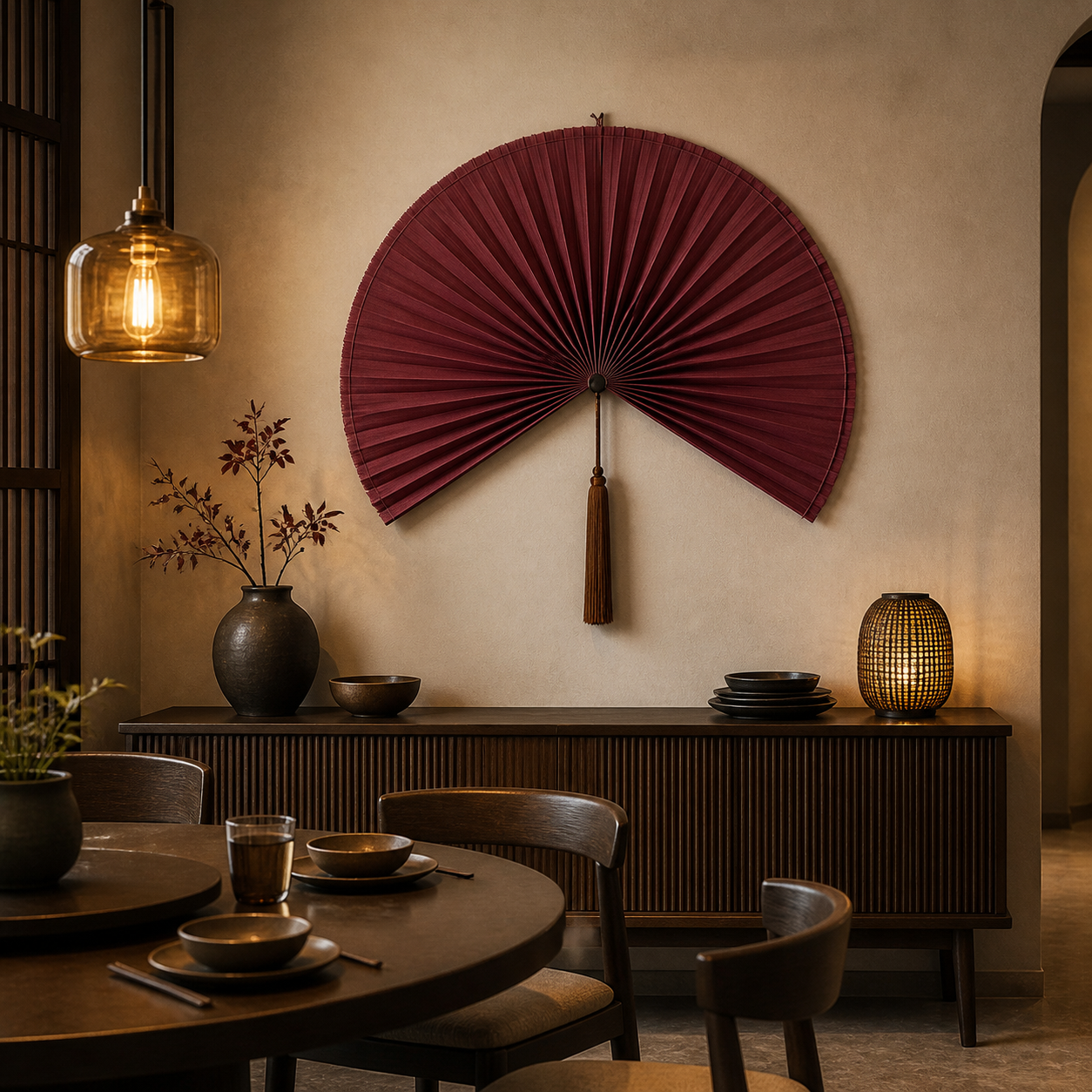 Burgundy Handwoven Bamboo Wall Fan with Brown Tassels - 75" × 150 cm