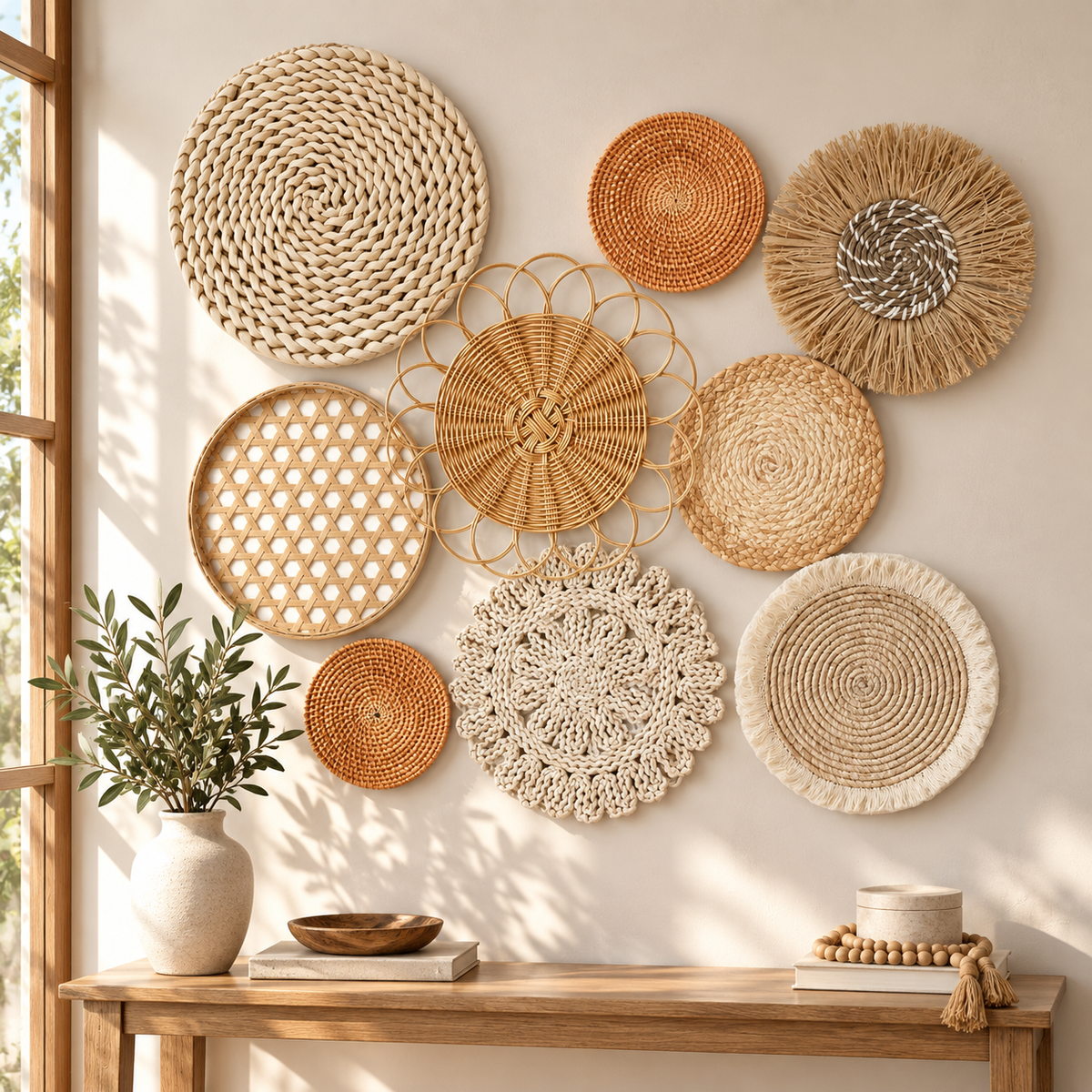 Rattan bamboo and raffia basket wall art in an entryway