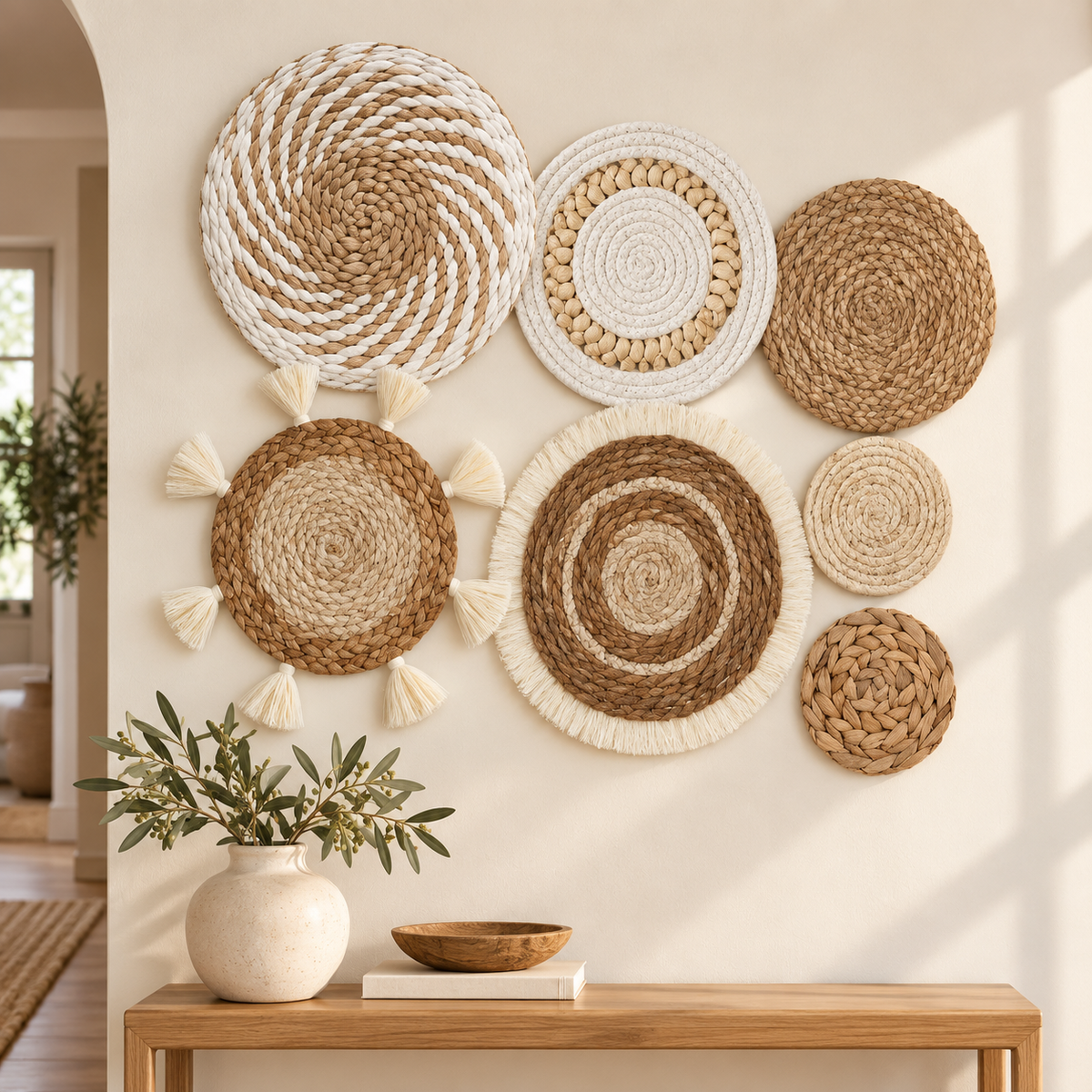 Natural ivory and brown woven basket wall art in an entryway