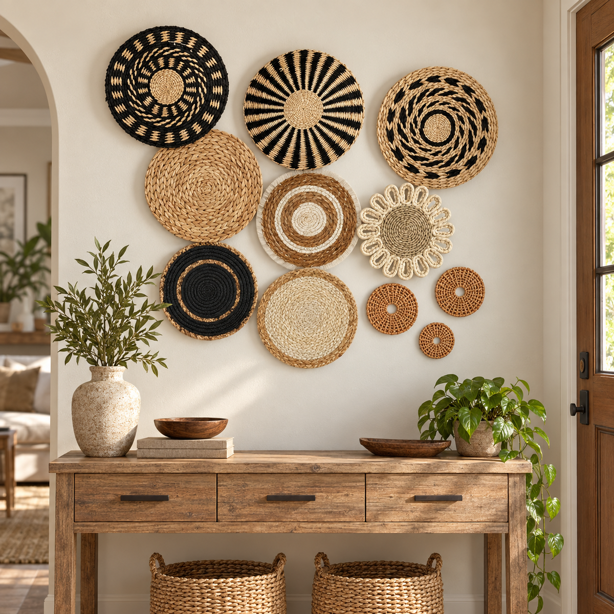 Black and natural basket wall art in an entryway