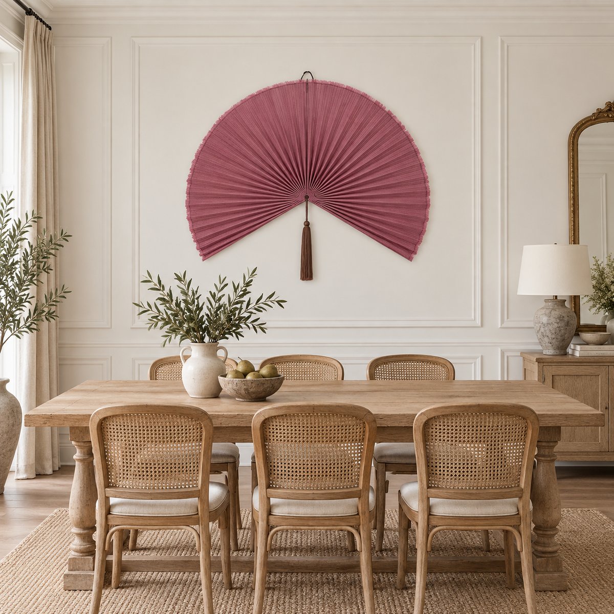 Mauve Rose woven wall fan as a decorative wall accent