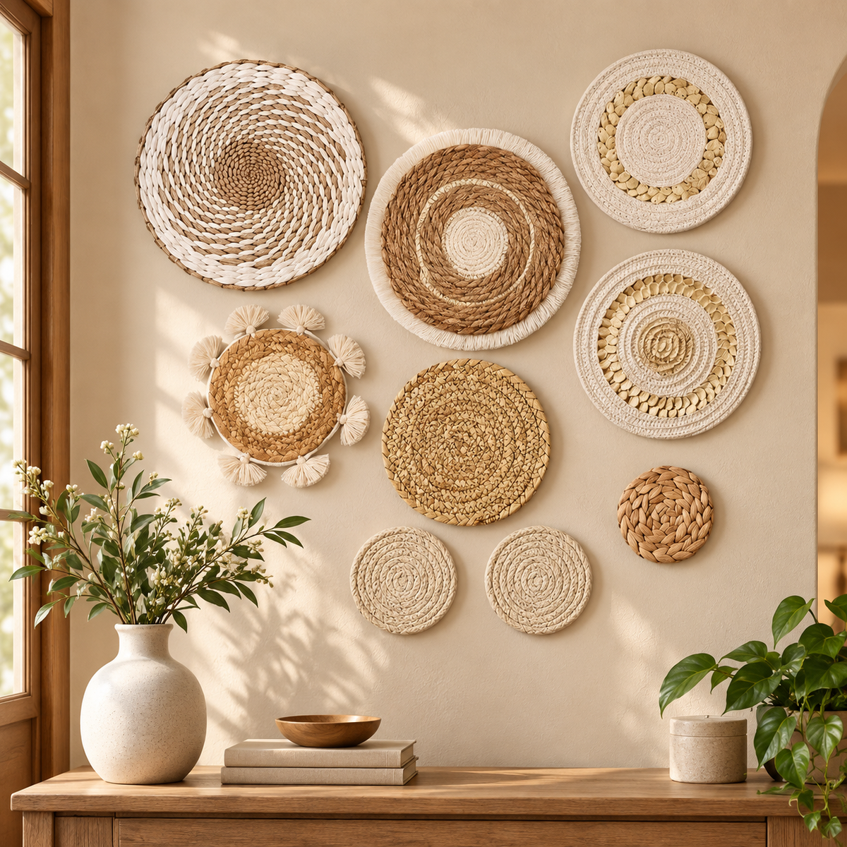 Ivory cream and natural basket wall art in an entryway