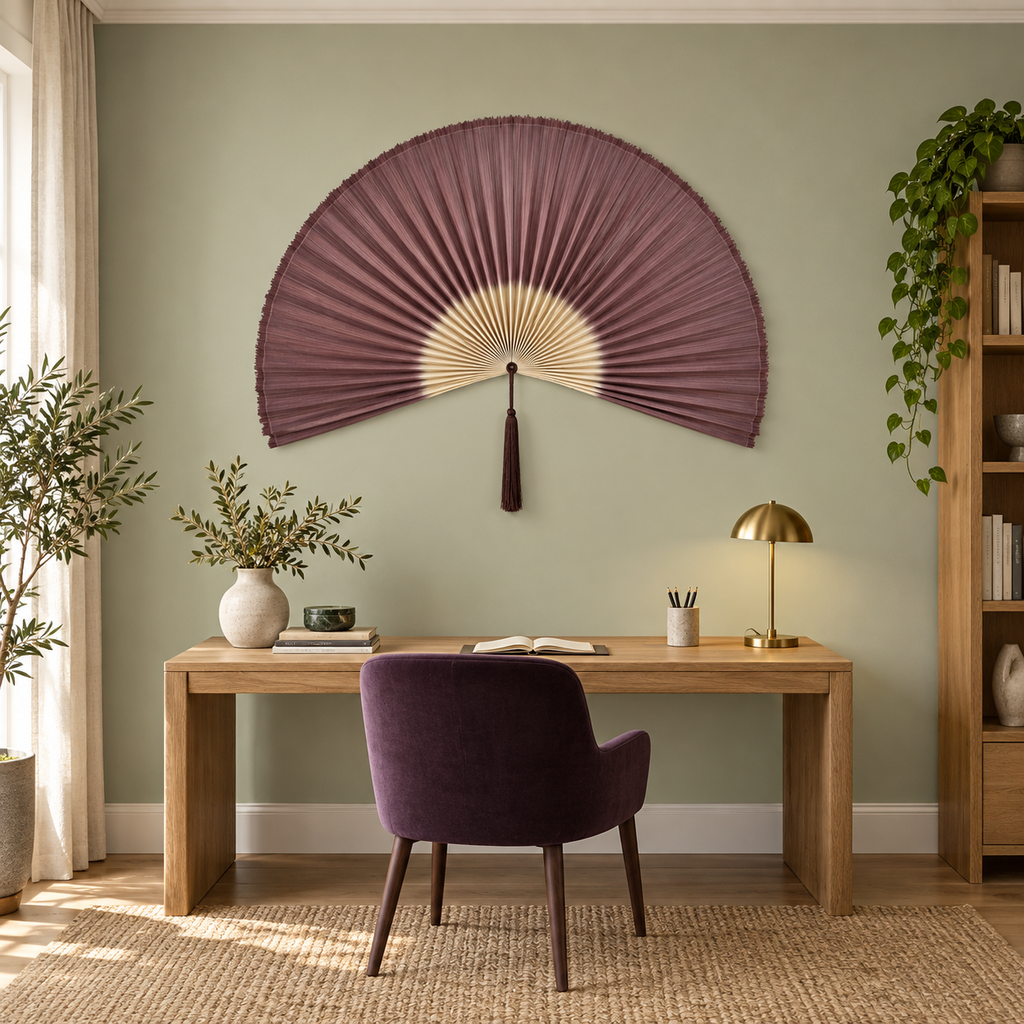 Plum Purple & Natural woven wall fan as a decorative wall accent
