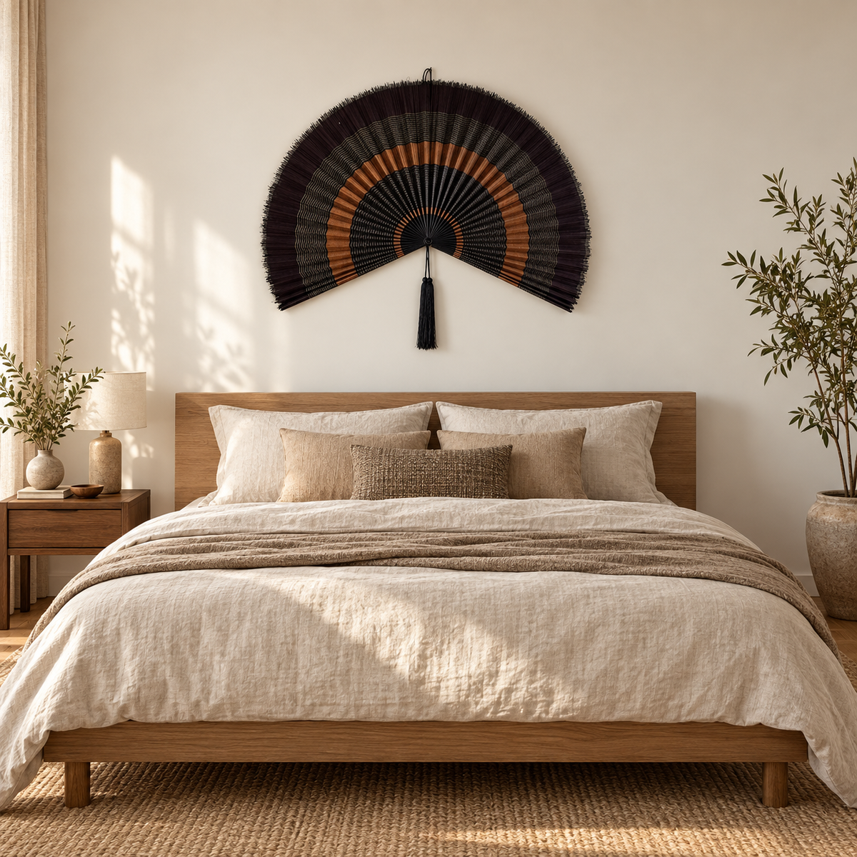 Woven bamboo fan wall decor above a modern organic bedroom headboard