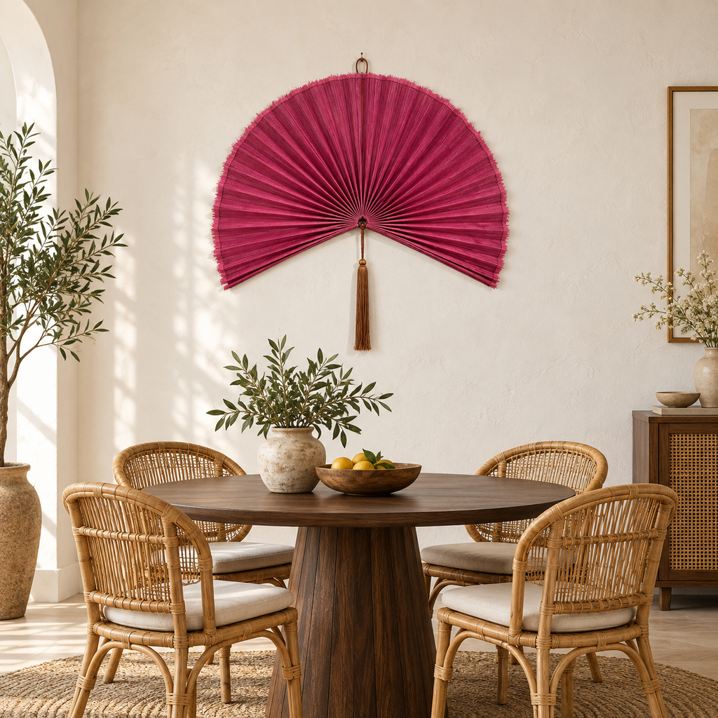 Rose Pink woven wall fan as a decorative wall accent