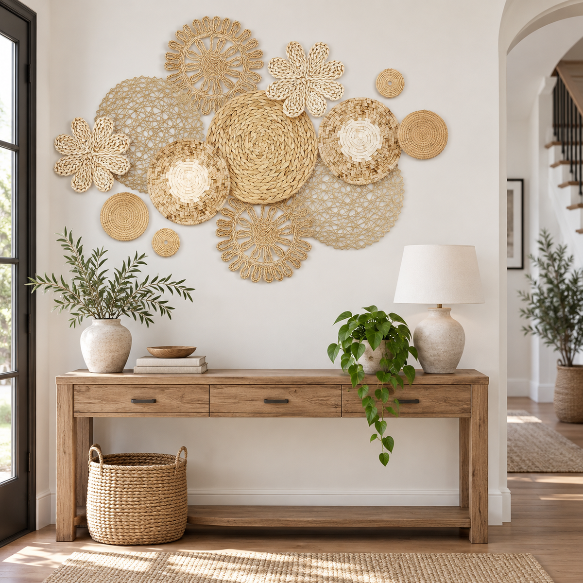 Floral openwork woven basket wall art in an entryway