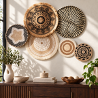 Black ivory and natural woven basket wall art in an entryway