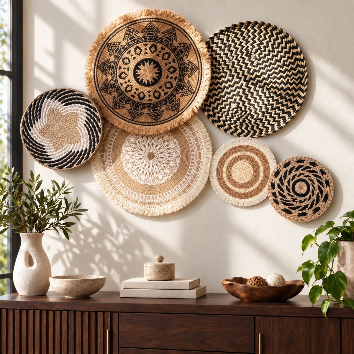 Black ivory and natural woven basket wall art in an entryway