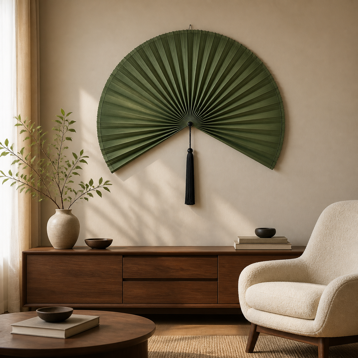 Olive Green Handwoven Bamboo Wall Fan with Black Tassels - 59" / 150 cm