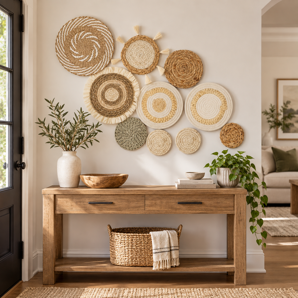 Muted green and natural woven basket wall art in an entryway