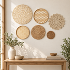 Openwork bamboo and crochet wall art displayed in an entryway