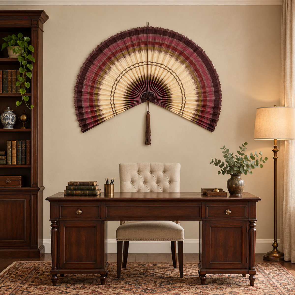 Burgundy & Natural Striped woven wall fan as a decorative wall accent