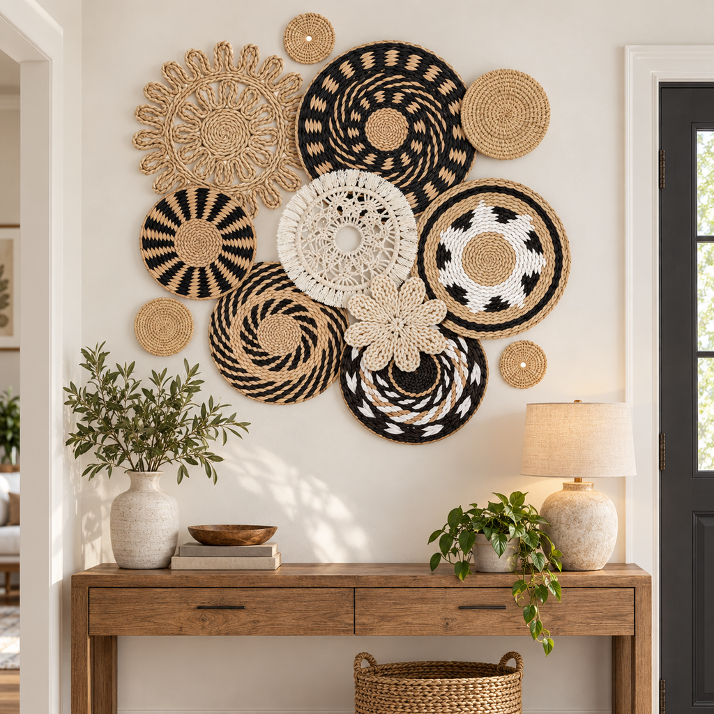Openwork geometric woven basket wall art in an entryway