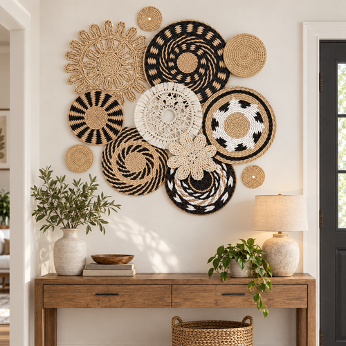 Openwork geometric woven basket wall art in an entryway
