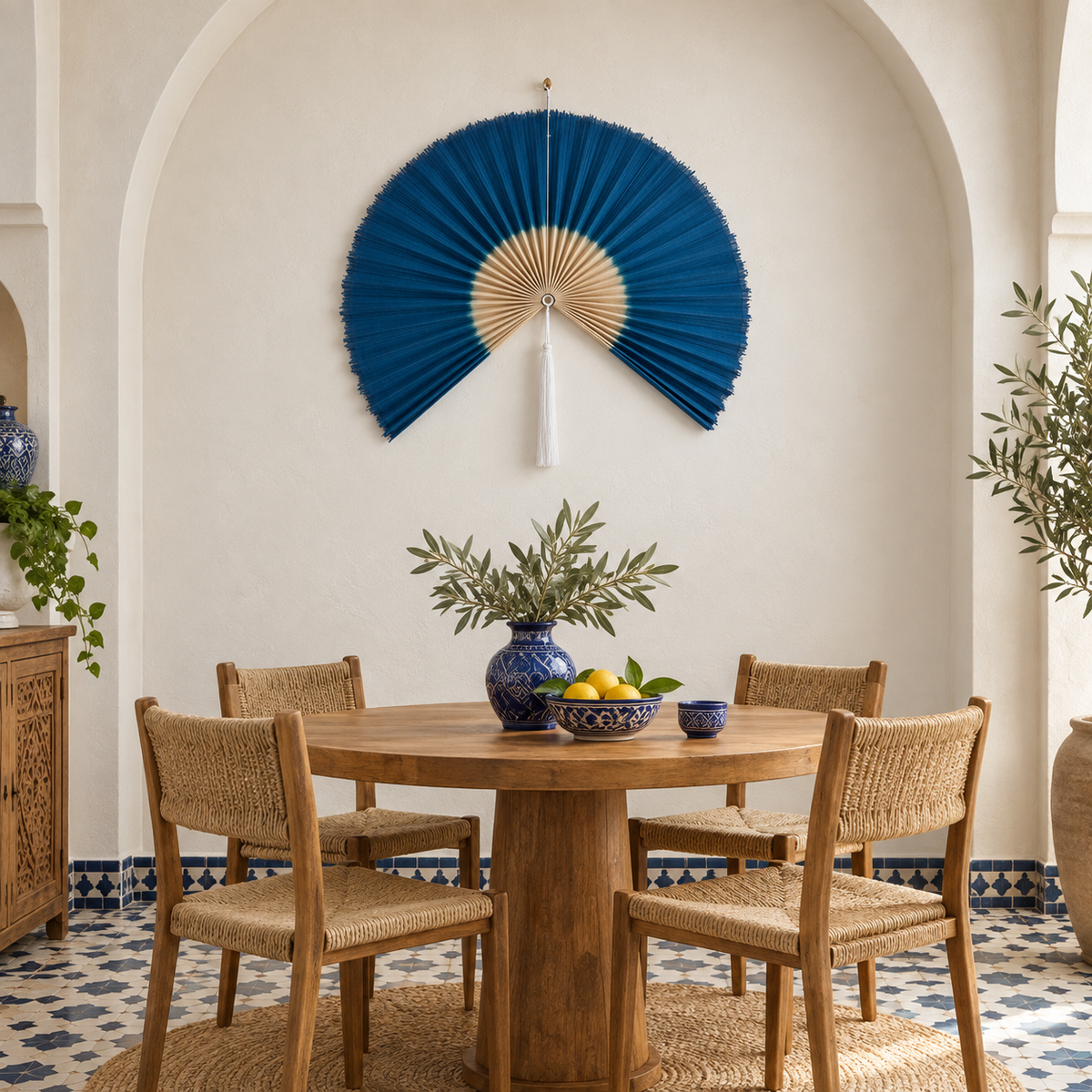 Peacock Blue woven wall fan as a decorative wall accent