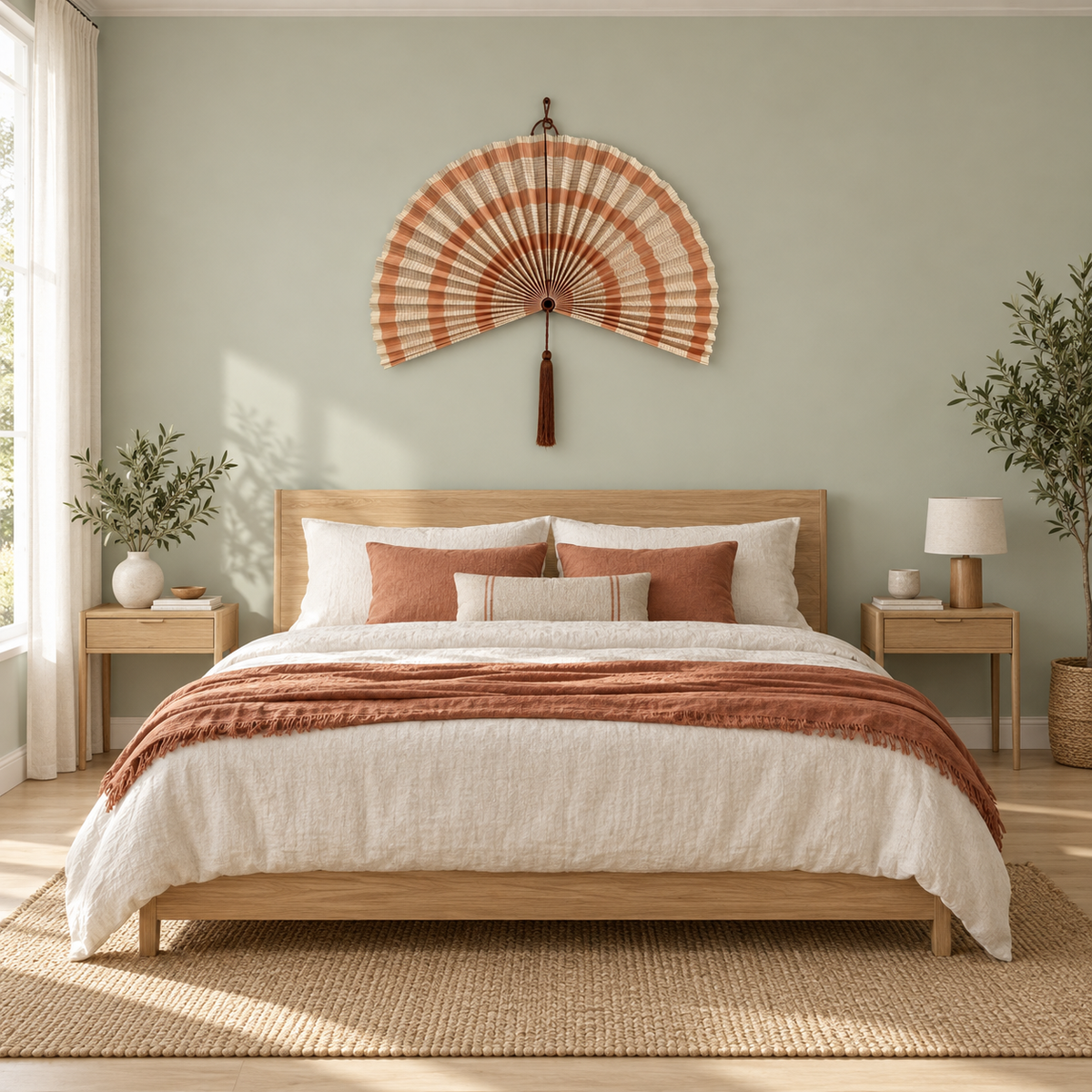 Orange and cream fan wall decor in a natural wood bedroom