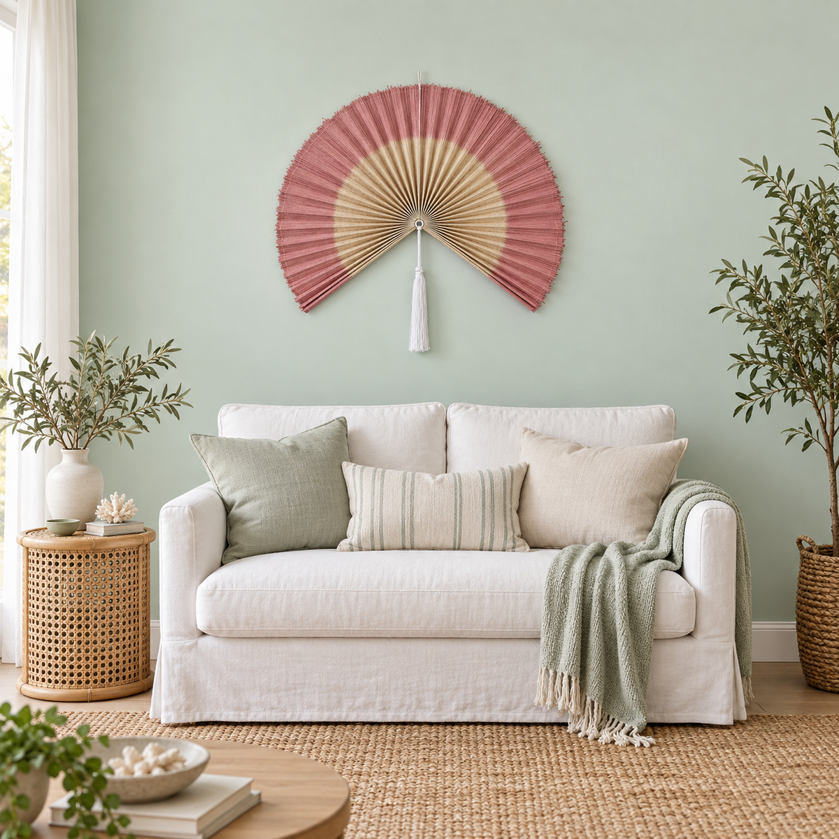Dusty Pink & Natural woven wall fan as a decorative wall accent