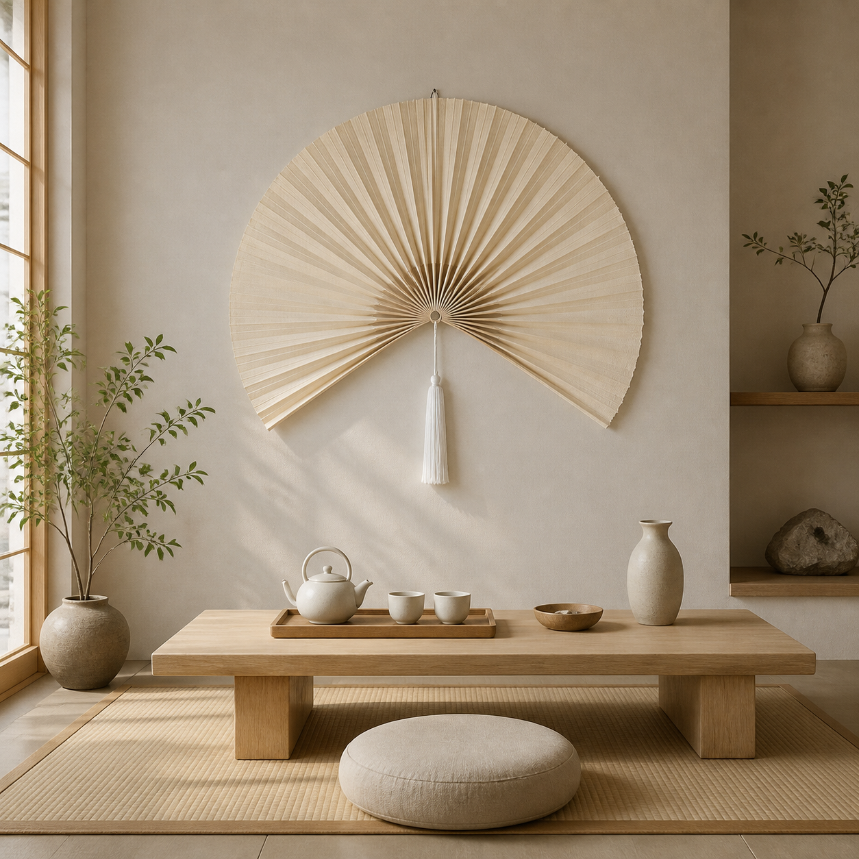 Cream White Handwoven Bamboo Wall Fan with White Tassels - 75" × 150 cm