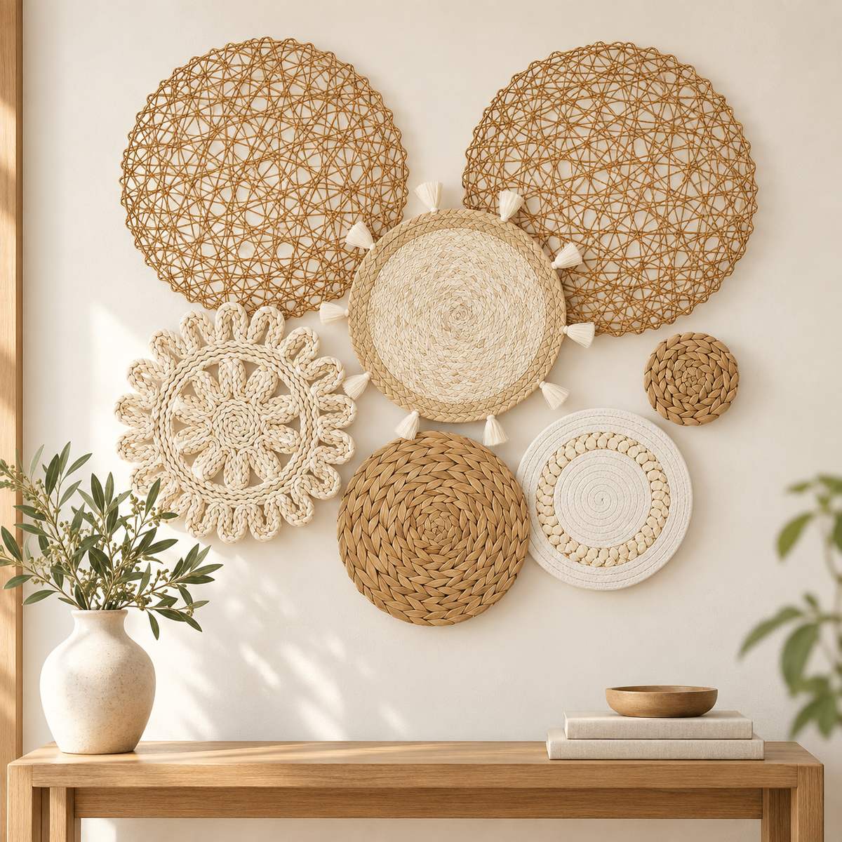 Natural floral and tassel basket wall art in an entryway