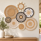 Natural black and ivory woven basket wall art in an entryway