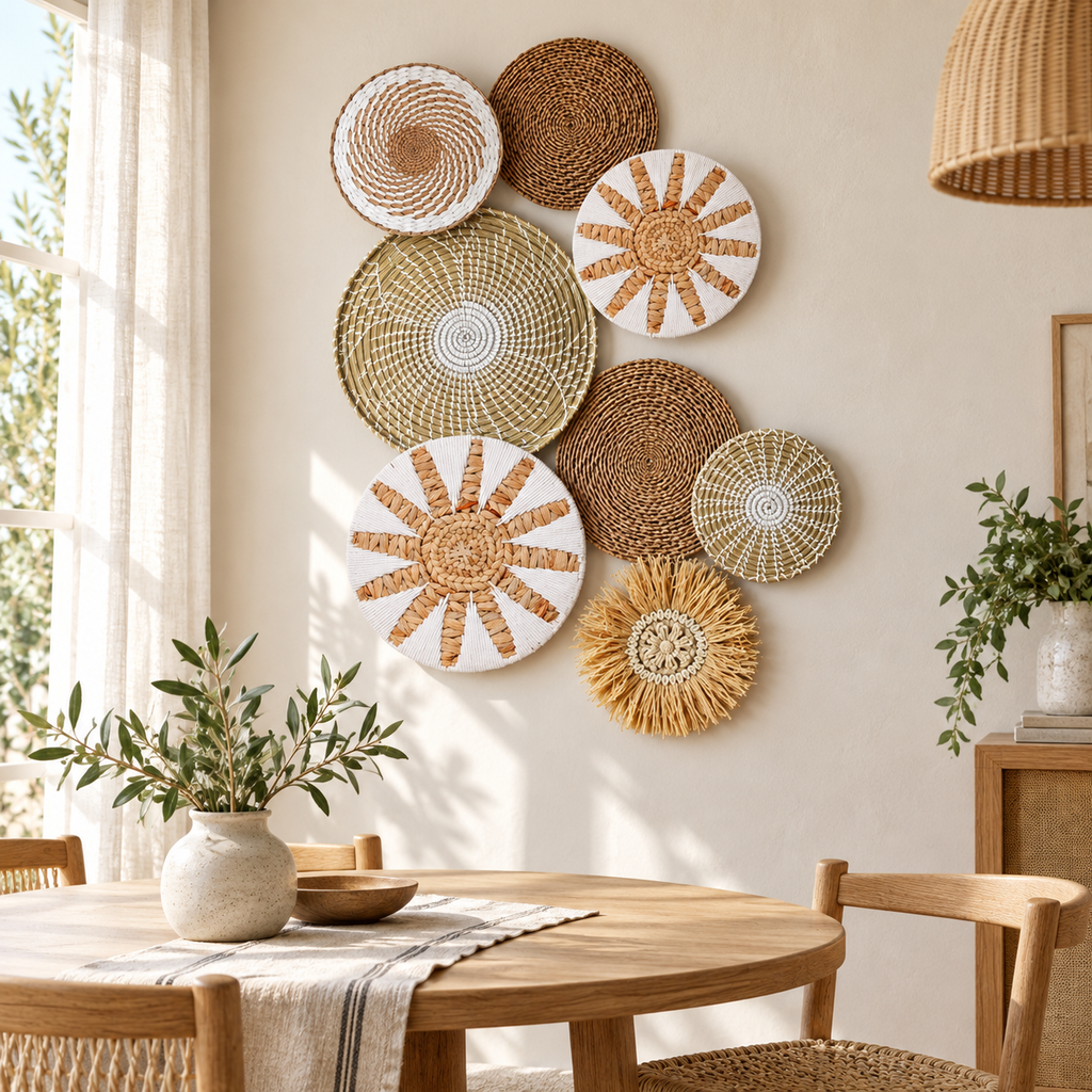 Eight-piece woven wall decor in a dining room cluster