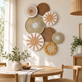 Eight-piece woven wall decor in a dining room cluster
