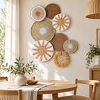Eight-piece woven wall decor in a dining room cluster