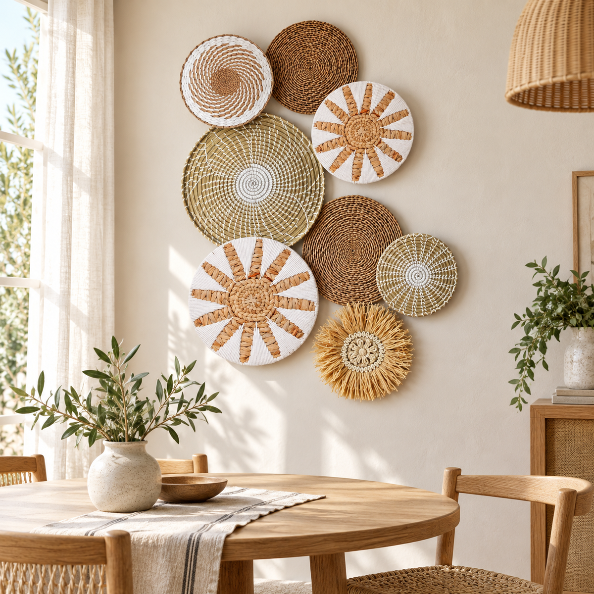 Eight-piece woven wall decor in a dining room cluster