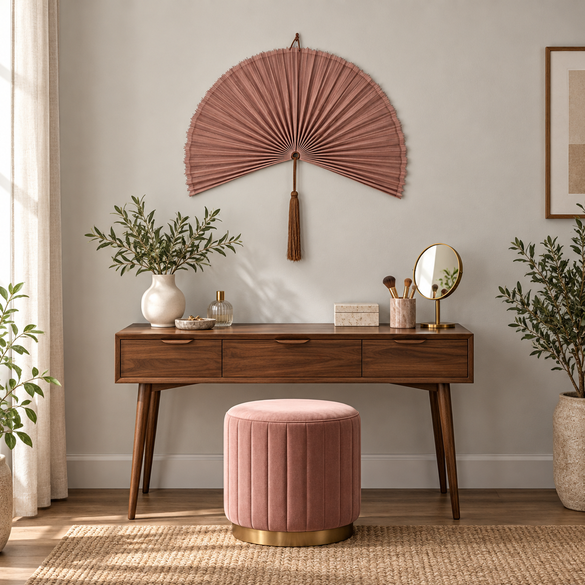 Dusty Blush Pink woven wall fan as a decorative wall accent