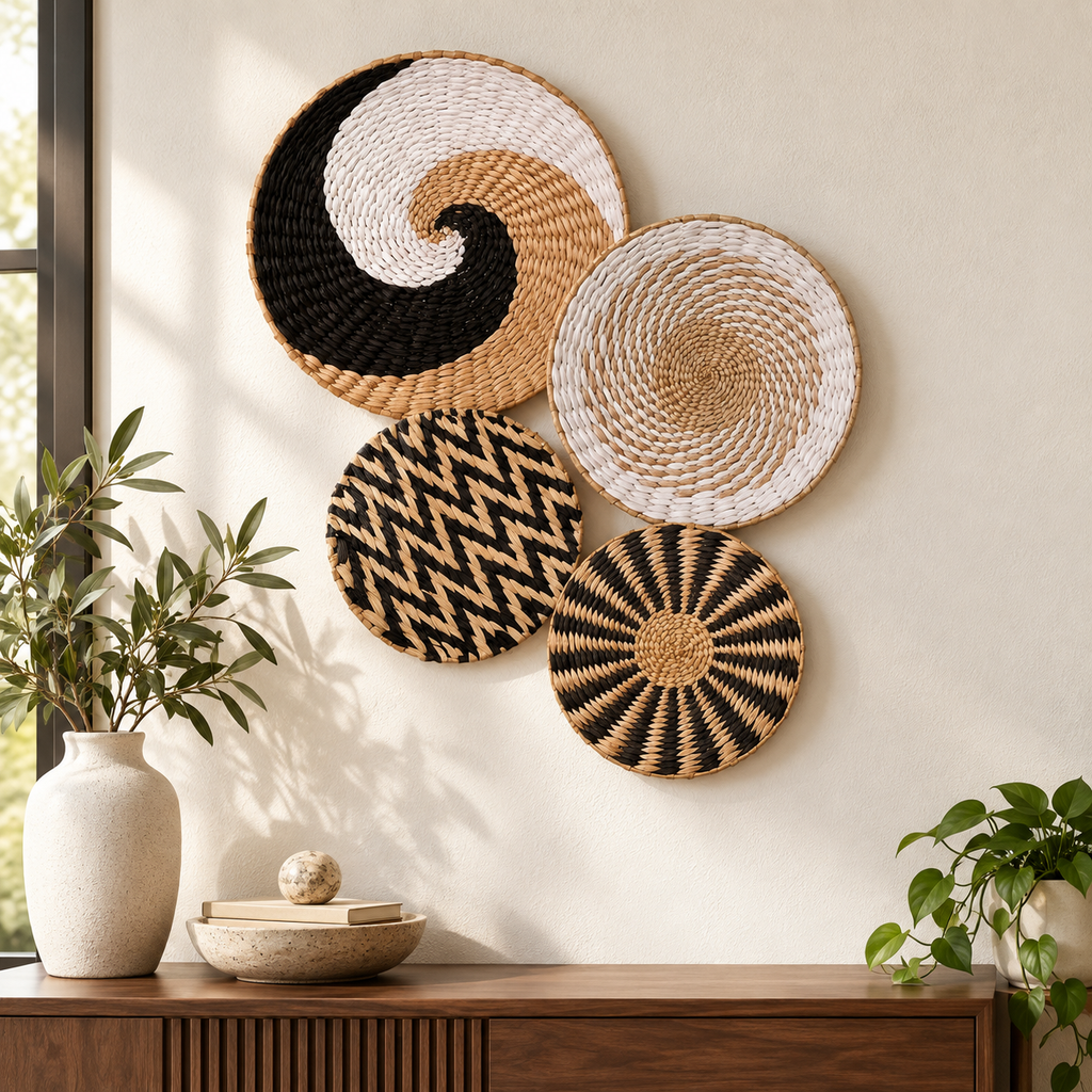 Natural fiber basket wall art displayed in an entryway