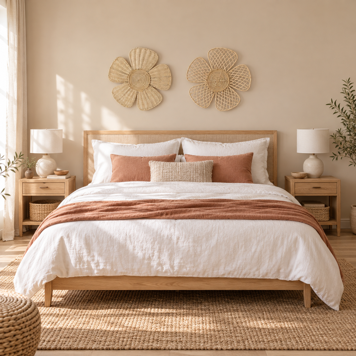 Two rattan flower wall decorations in a bedroom