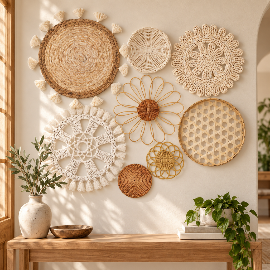 Rattan bamboo and crochet basket wall art in an entryway