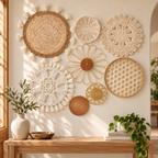 Rattan bamboo and crochet basket wall art in an entryway
