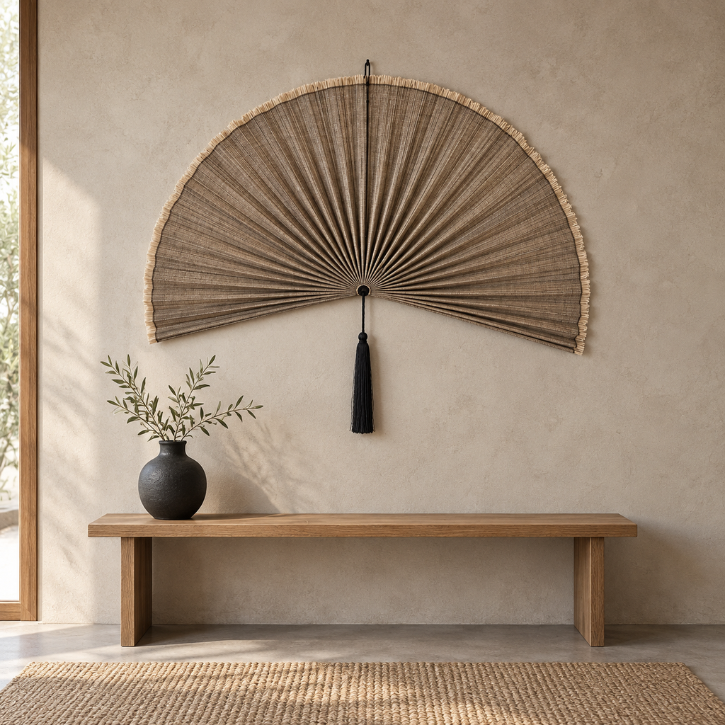 Linen Taupe woven wall fan as a decorative wall accent