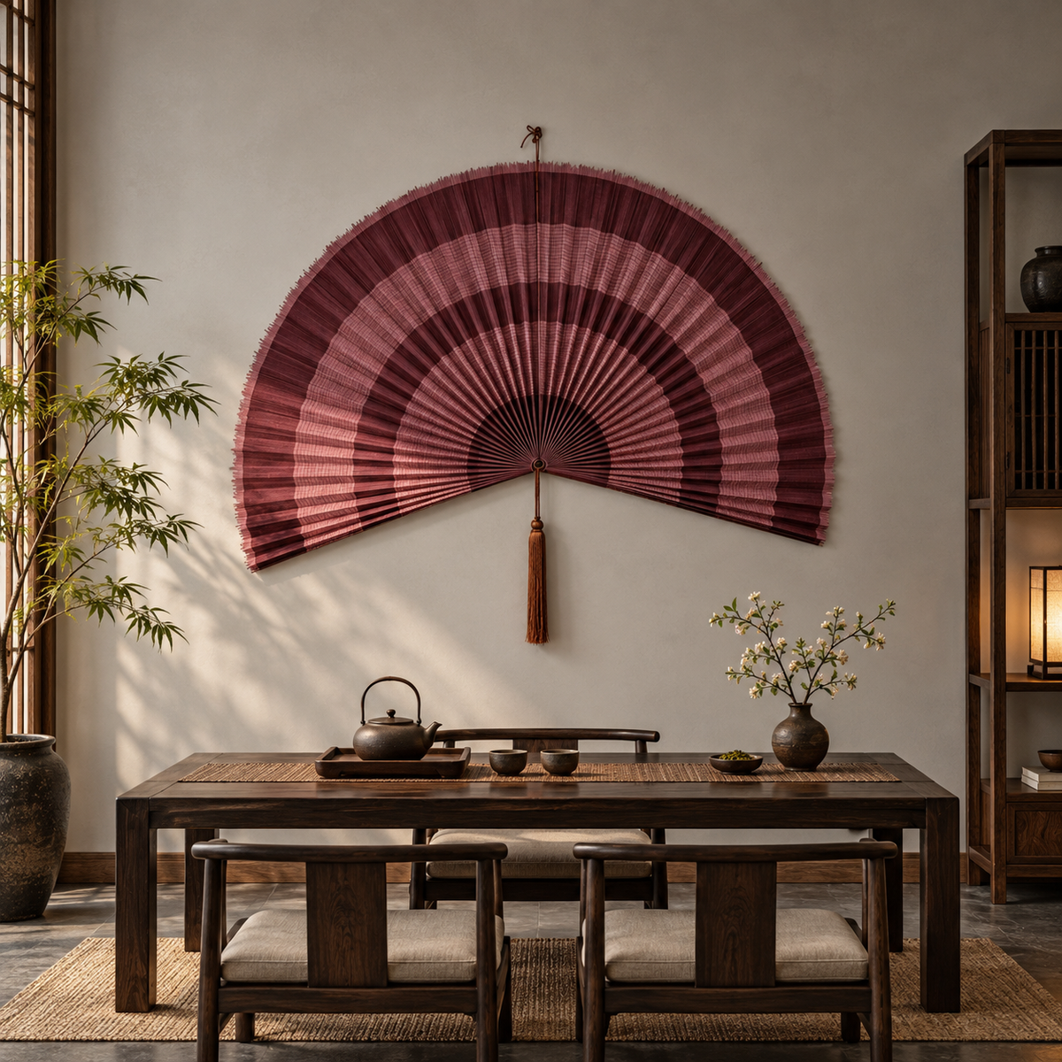 Burgundy & Dusty Pink Striped woven wall fan as a decorative wall accent