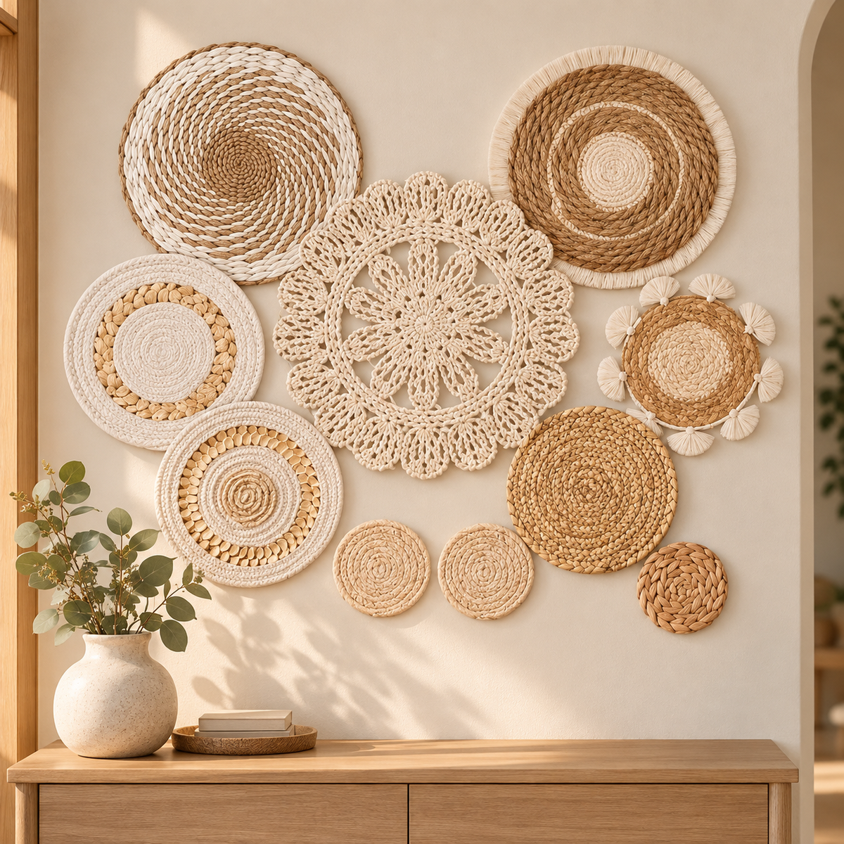 Ivory and natural woven basket wall art in an entryway