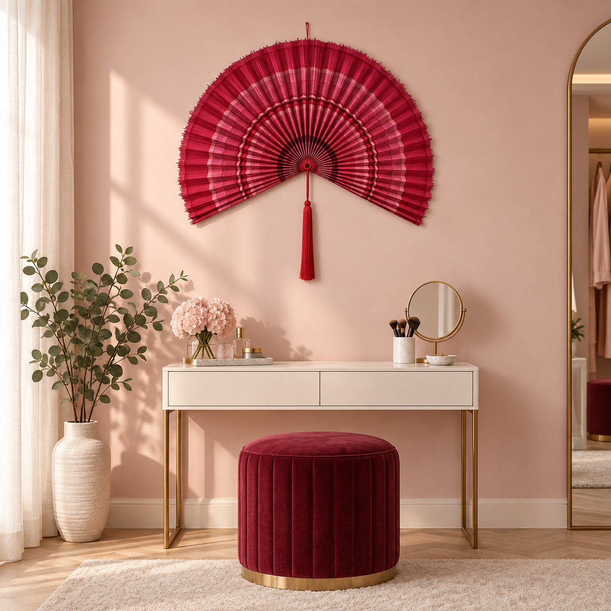 Rose Red Ombre woven wall fan as a decorative wall accent
